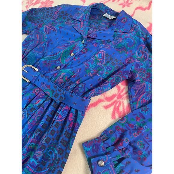 Vtg 70s - 80s Schrader long sleeve paisley belted dress SZ 10 pleated retro midi - Picture 2 of 9